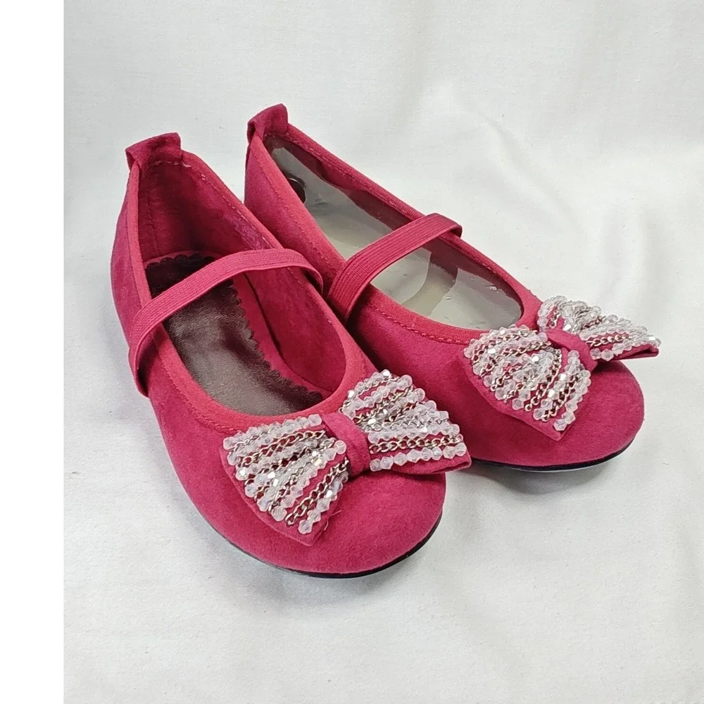 Stuart Weitzman Bella Strap Flats Fuchsia Pink Beaded Bow‎ Mary Jane 8 Kids New